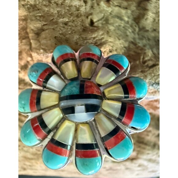 Zuni Sun Ring Size 8 Adjus. 925 Sterling Silver W/ Inlay Turquoise Onyx Coral - Picture 1 of 7
